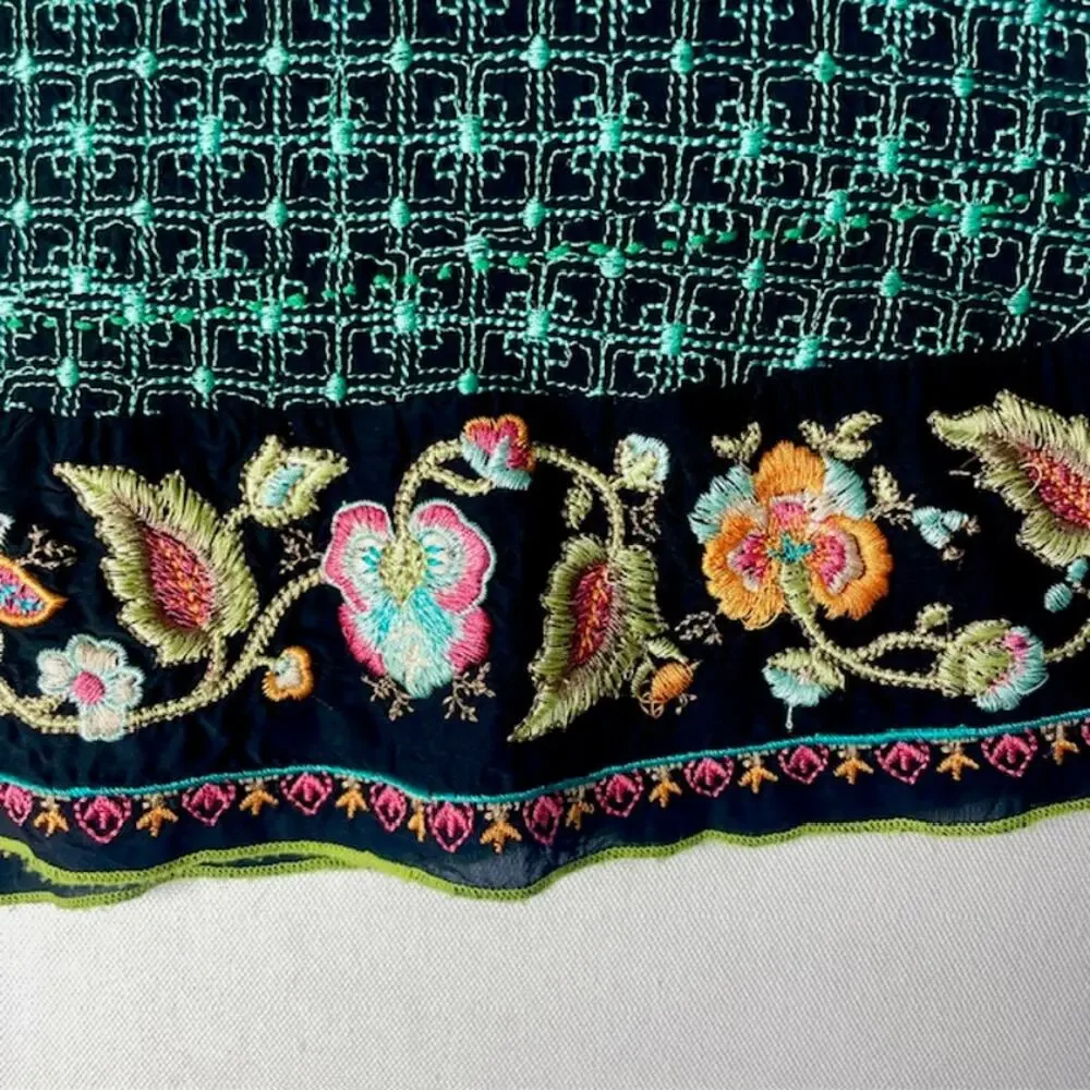 Johnny Was Embroidered Boho Mini Skirt Green Floral Festival Size S